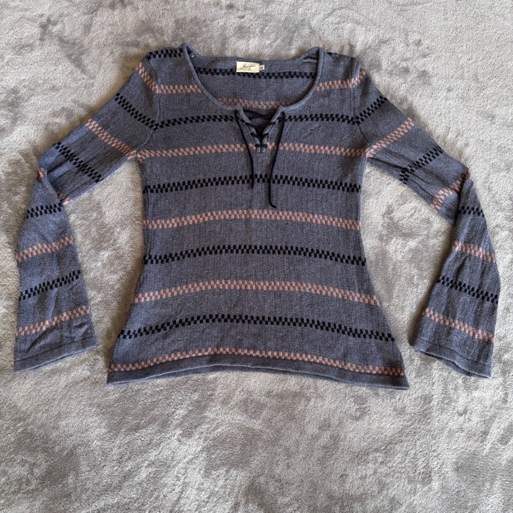 Y2K 100% Cotton Knit Sweater Gray Striped‎ Lightweight Boho Minimalist| Medium